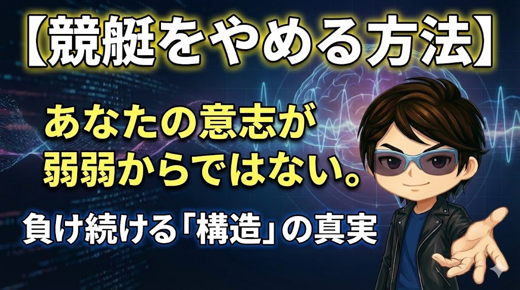 ボートレースをやめる方法を解説するアイキャッチ画像。キャラクターのジキルが手を差し伸べ、「あなたの意志が弱いからではない。負け続ける『構造』の真実」というテキストが記載されている背景には、脳の活動イメージが描かれている。